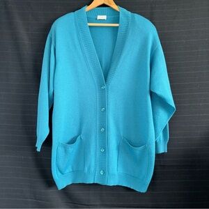 Rodier Vintage Blue Green Knit Wool Blend Button Front Long Cardigan Sweater M